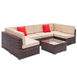 7-piece outdoor rattan sofa set in brown gradient wicker with beige cushions