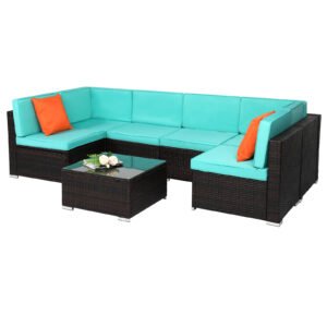7-piece outdoor rattan sofa set with lake blue cushions and brown gradient wicker