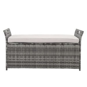 Grey gradient rattan storage ottoman with beige cushion, 33-gallon lift-top storage bench