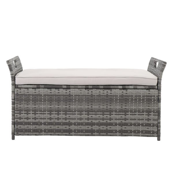 Grey gradient rattan storage ottoman with beige cushion, 33-gallon lift-top storage bench