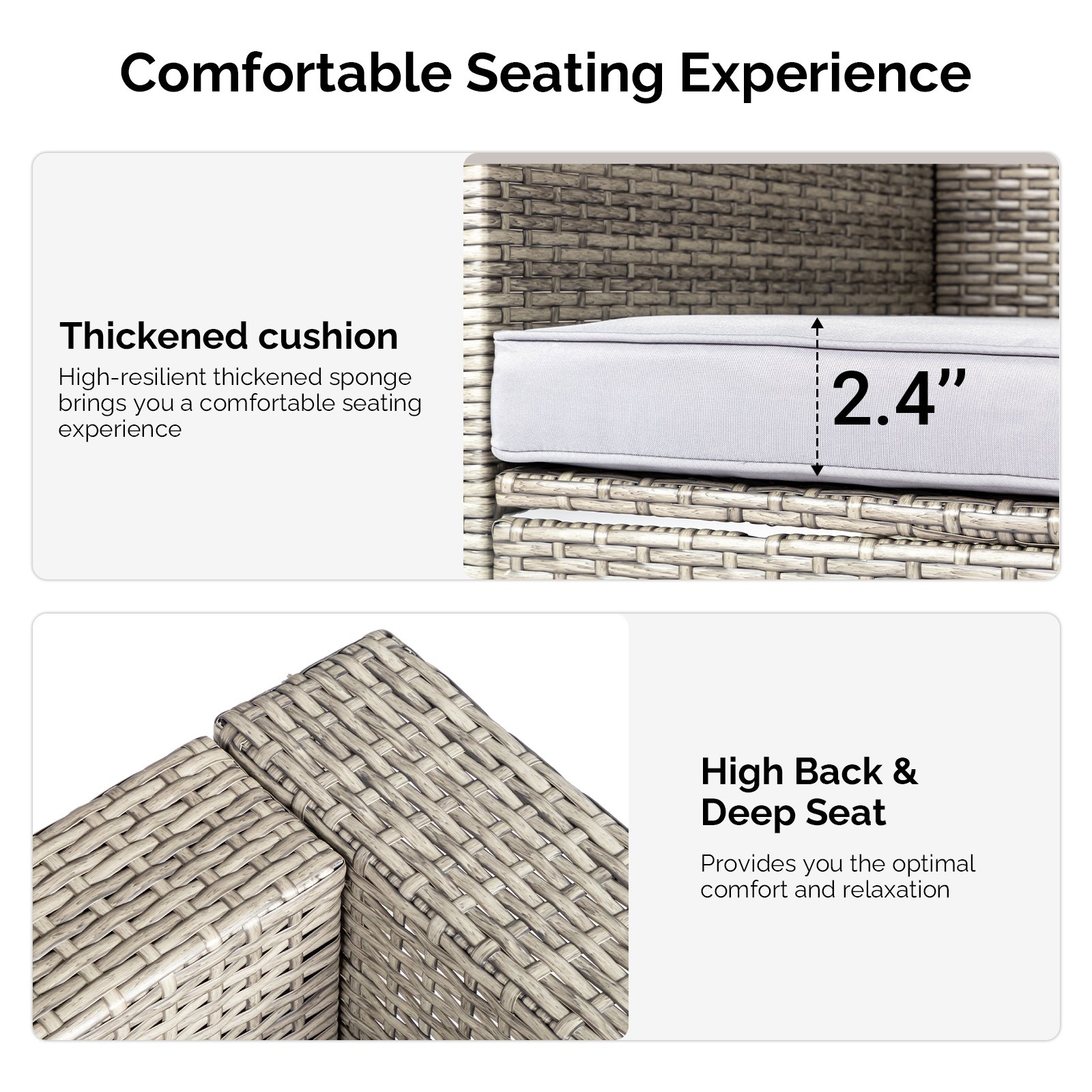 Comfortable seating detail of 6-piece outdoor wicker sofa set with thick cushions, high back, and deep seat design