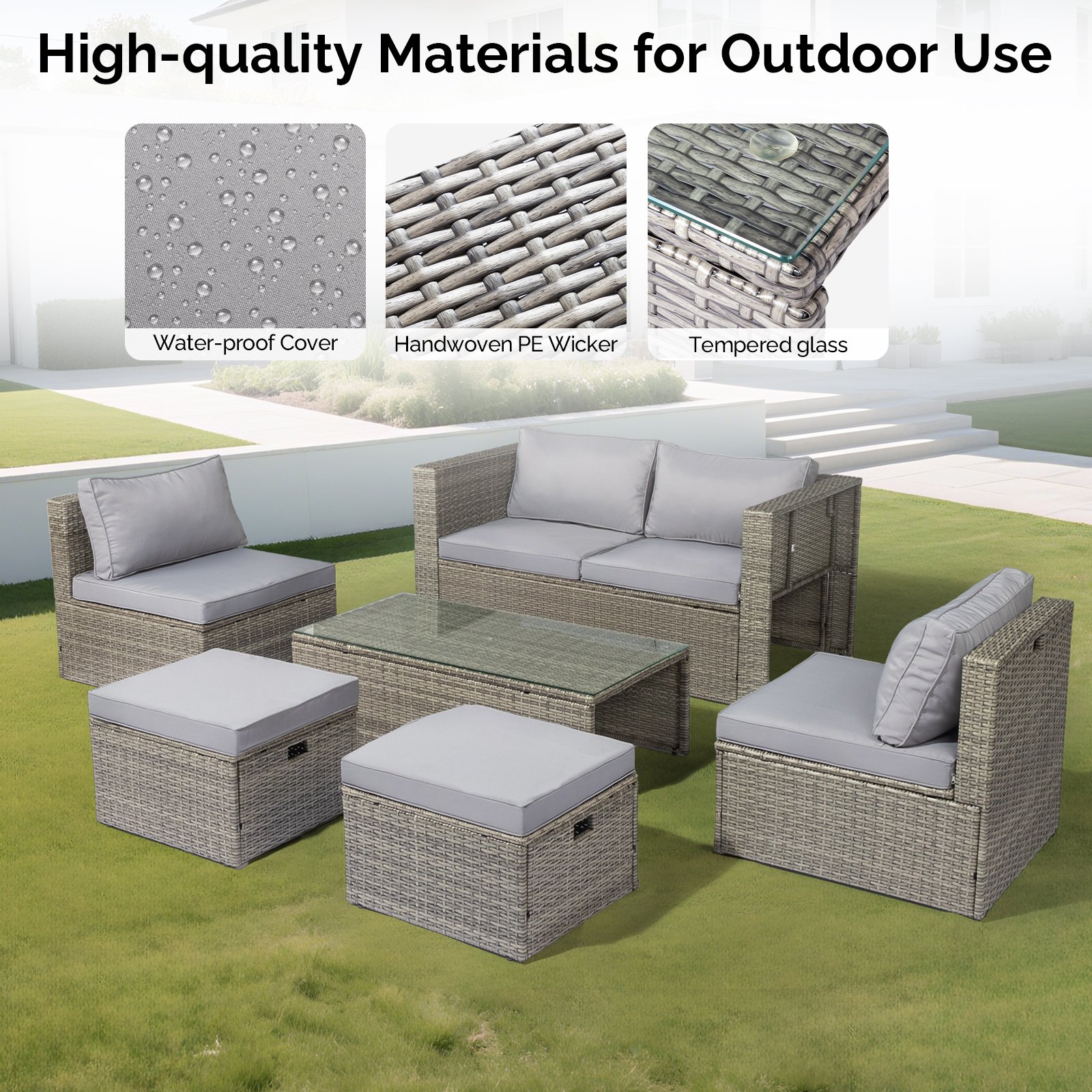 Grey wicker outdoor sofa set showing waterproof cushions, handwoven PE wicker, and tempered glass tabletop