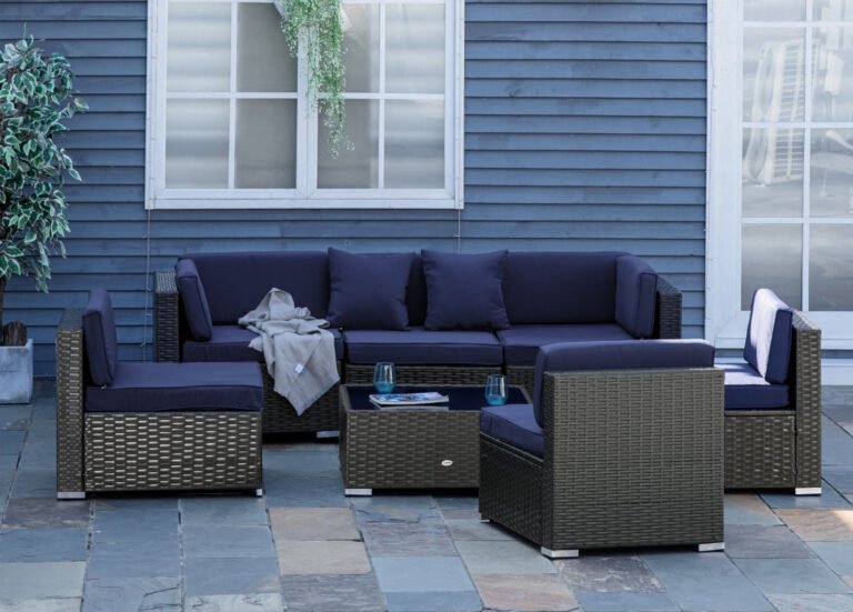 Outdoor rattan sectional sofa arranged on a patio, showing a modular layout for outdoor seating