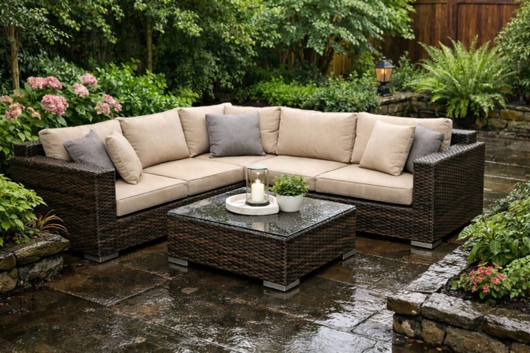 Rattan furniture set on a damp garden patio, with wet ground and surrounding plants after rainfall