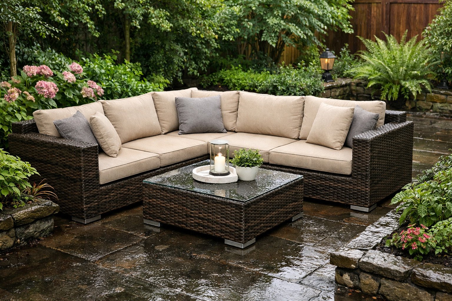 Rattan furniture set on a damp garden patio, with wet ground and surrounding plants after rainfall