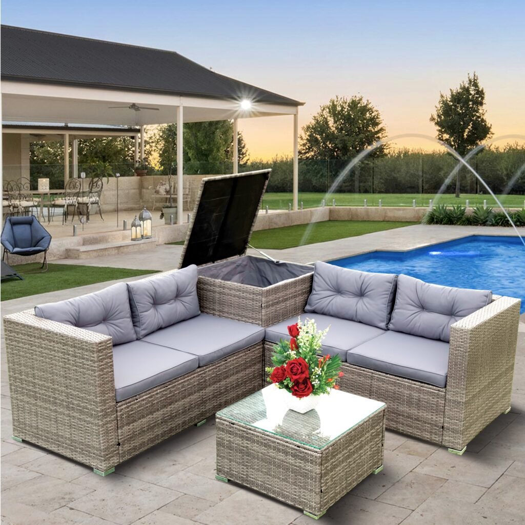 Light gray rattan sectional sofa set in an L-shaped layout by the pool, featuring a corner storage ottoman and a coffee table with flowers