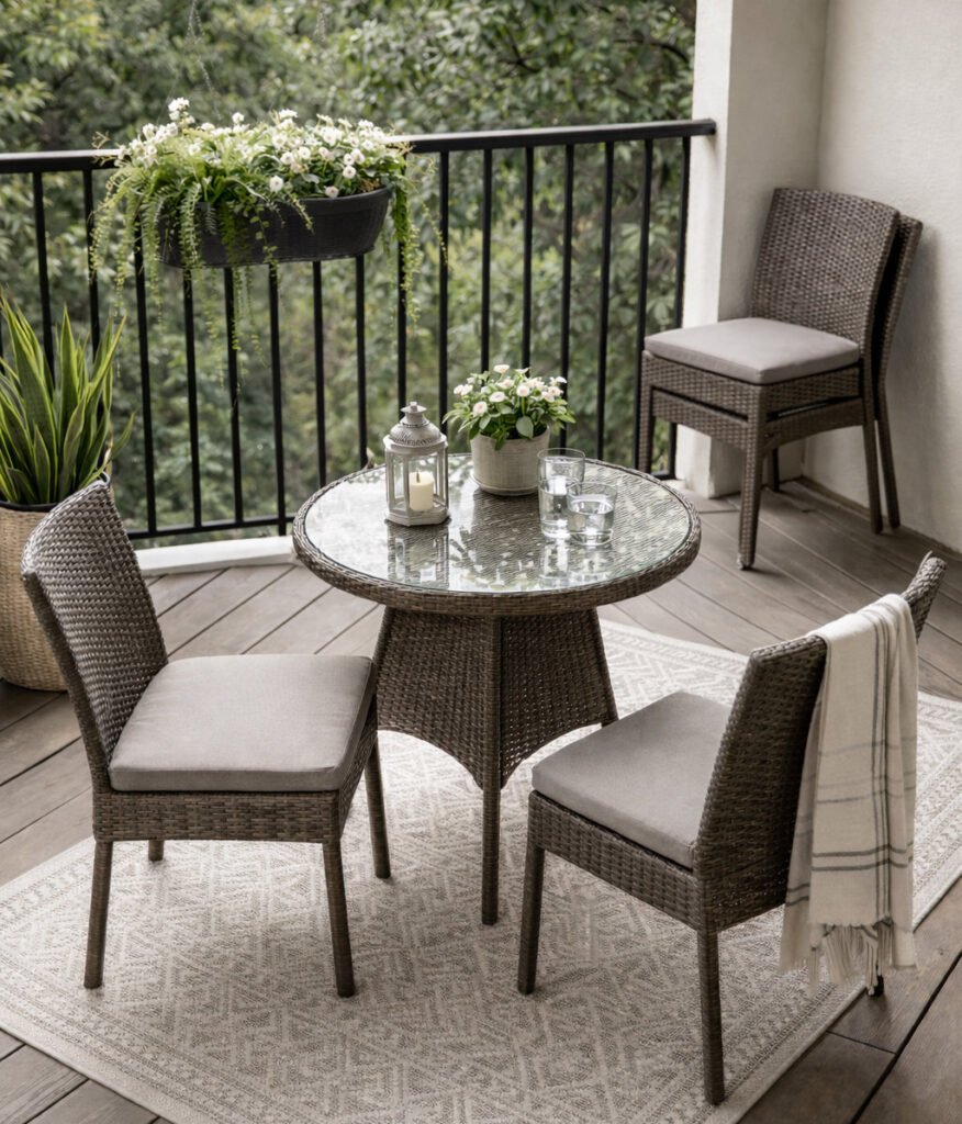 Compact patio layout with rattan table and chairs, diagonal placement, stackable armless chairs, and railing-mounted greenery