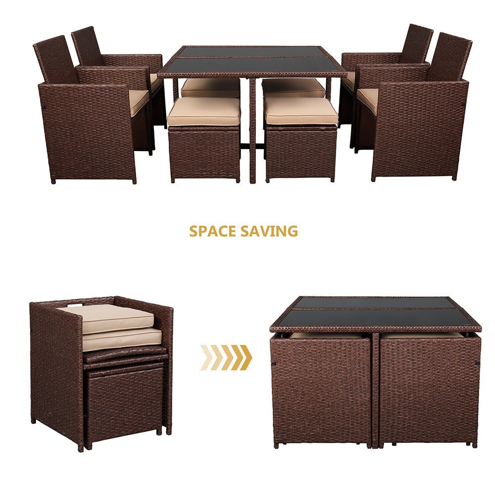 Space-saving rattan cube dining set on a small patio with chairs stored under the table