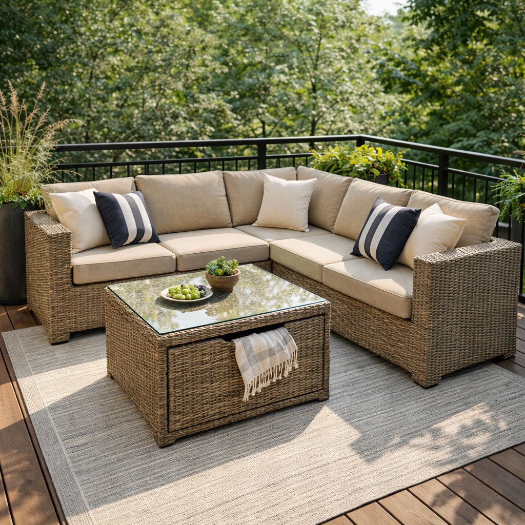 A 10x10 ft patio layout featuring an L-shaped rattan sectional sofa with a storage coffee table at the center, topped with greenery and fresh fruit.