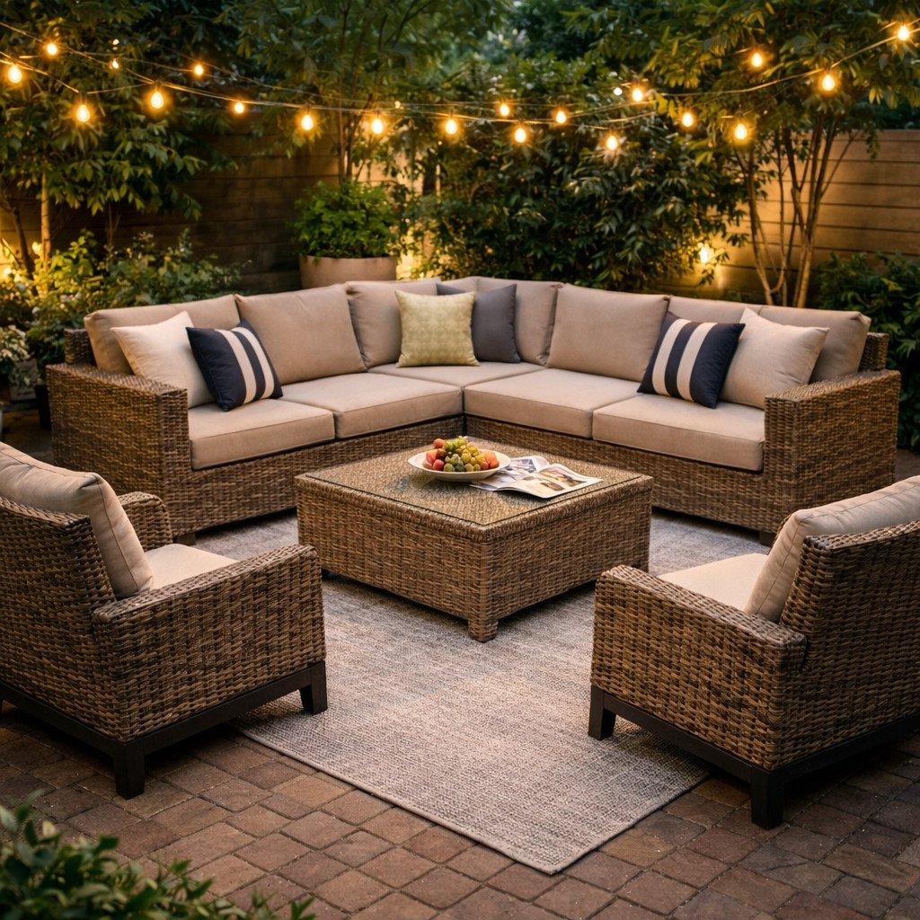 A 12x12 ft backyard patio with an L-shaped rattan sectional and two matching rattan chairs arranged around a coffee table with fruit and magazines, lit by warm string lights in the evening.