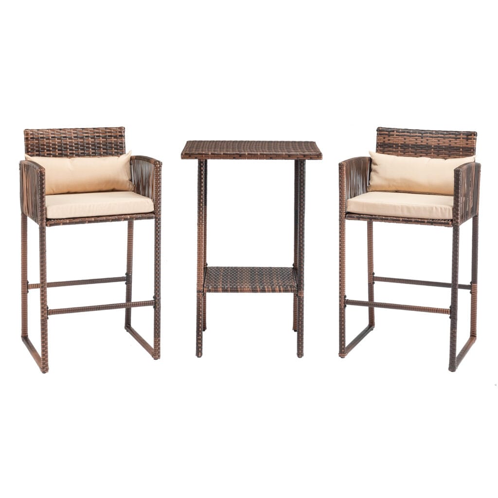 2-piece brown rattan wicker bar set with high-top table and beige cushions