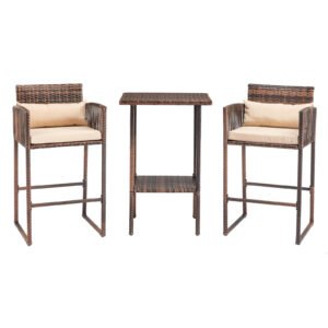 2-piece brown rattan wicker bar set with high-top table and beige cushions