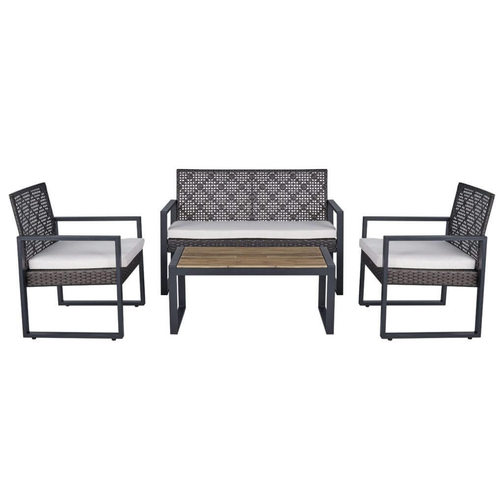 4-piece brown rattan patio sectional set with beige cushions and acacia wood table top seats4