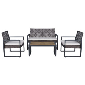 4-piece brown rattan patio sectional set with beige cushions and acacia wood table top seats4