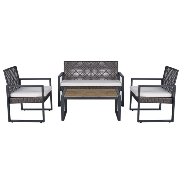 4-piece brown rattan patio sectional set with beige cushions and acacia wood table top seats4