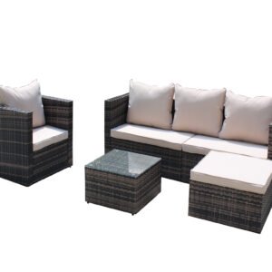 4-piece brown wicker patio furniture set with 3-seat sofa, armchair and glass top coffee table