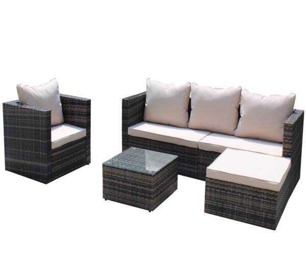 4-piece brown wicker patio furniture set with 3-seat sofa, armchair and glass top coffee table