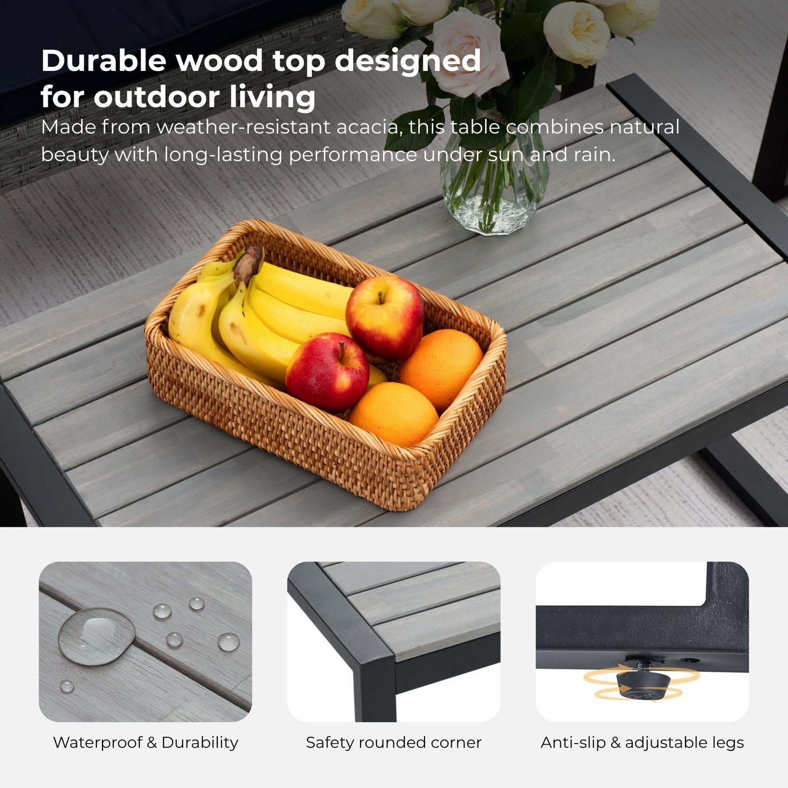 Acacia wood table top detail with rounded corners and adjustable legs on gray rattan patio sectional set