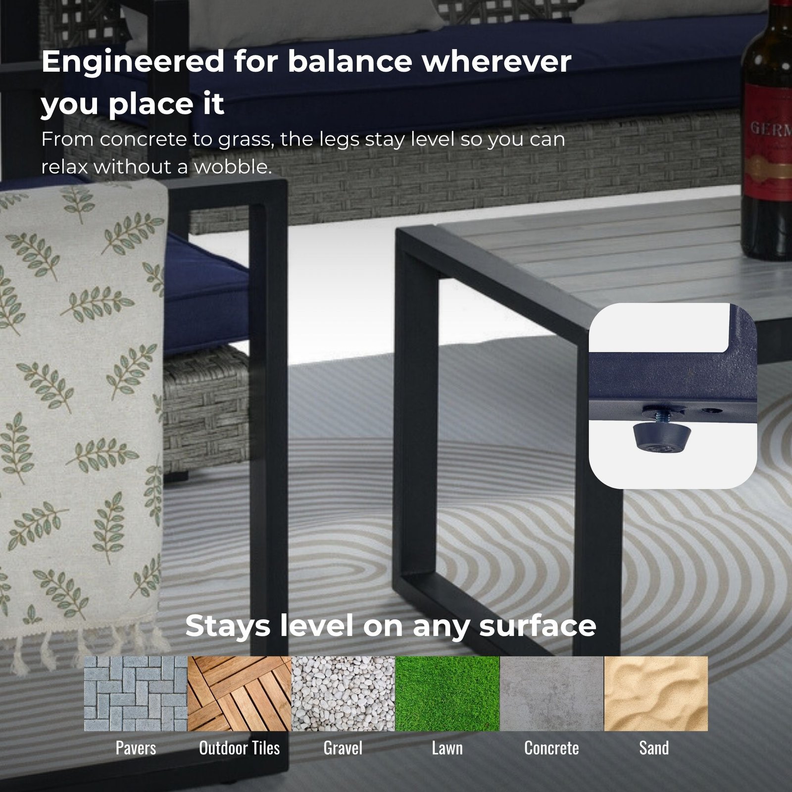 Adjustable feet detail on gray rattan patio sectional set for stability on uneven outdoor surfaces