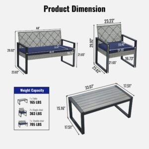 4-piece-gray-rattan-sectional-dimensions-weight-capacity Product dimensions and weight capacity of 4-piece gray rattan patio sectional set including double chair, single chairs and table