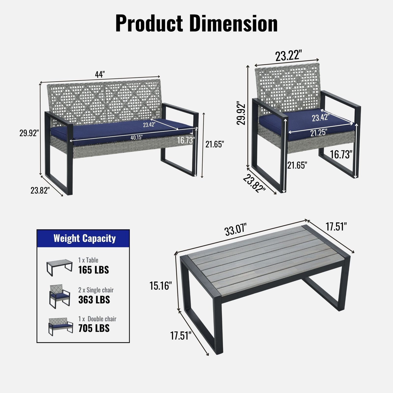 Product dimensions and weight capacity of 4-piece gray rattan patio sectional set including double chair, single chairs and table