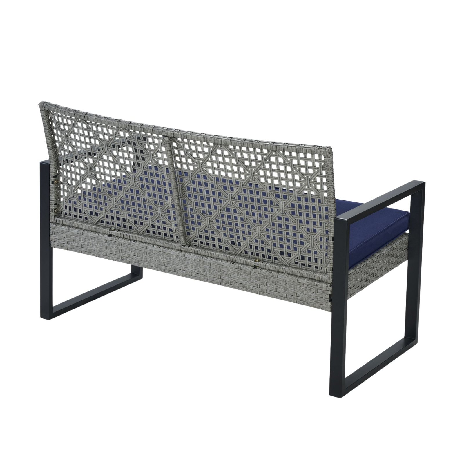 Rear 45-degree view of gray rattan loveseat showing woven backrest and frame structure