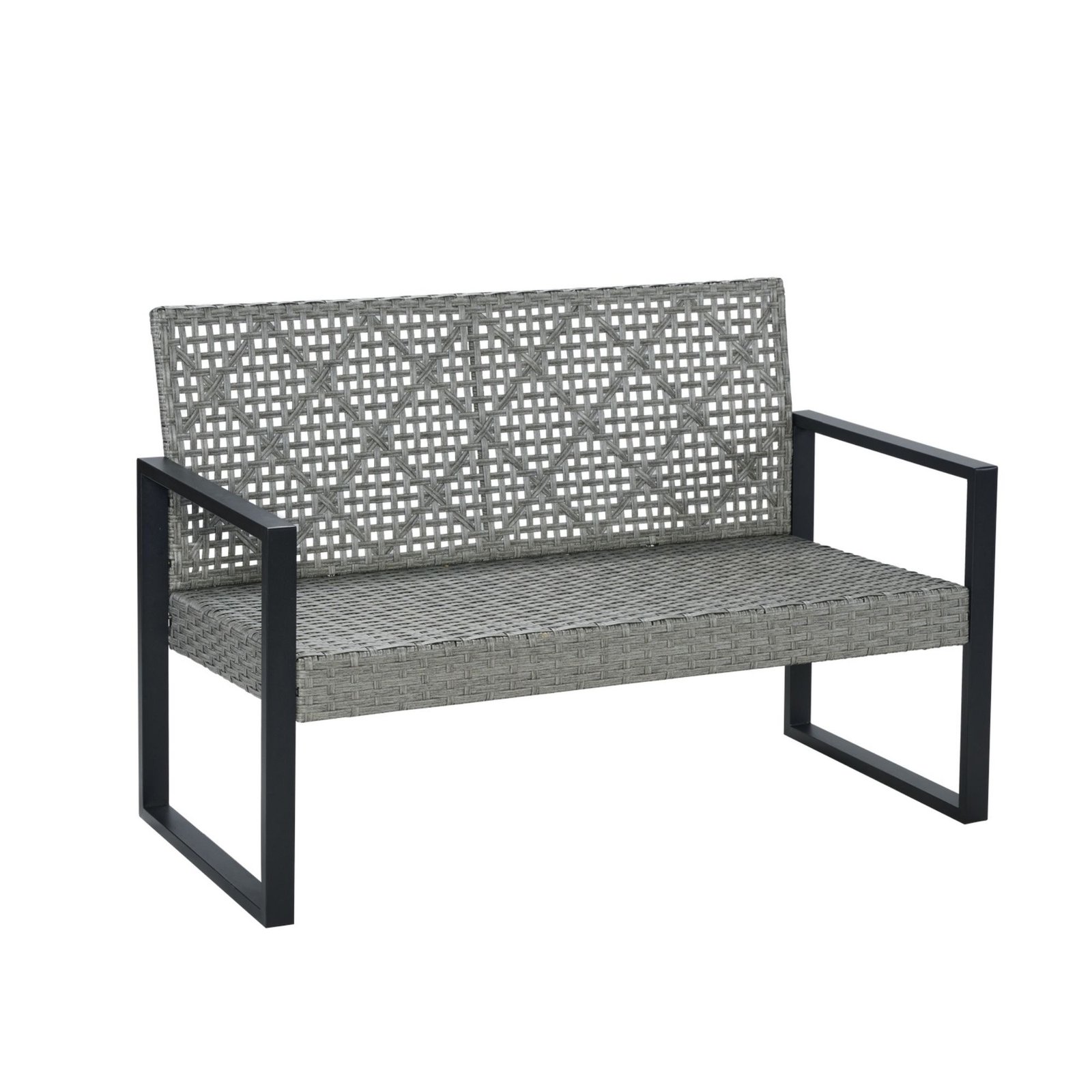 Front 45-degree view of gray rattan loveseat with blue cushions from 4-piece patio sectional set