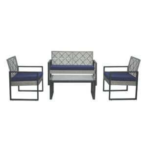 4-piece gray rattan patio sectional set with blue cushions and acacia wood table top seats 4