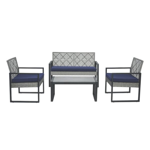 4-piece gray rattan patio sectional set with blue cushions and acacia wood table top seats 4