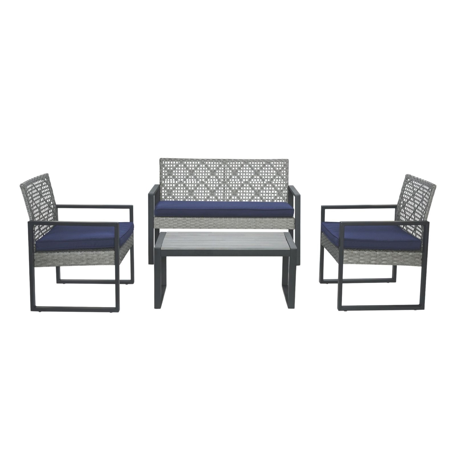 4-piece gray rattan patio sectional set with blue cushions and acacia wood table top seats 4