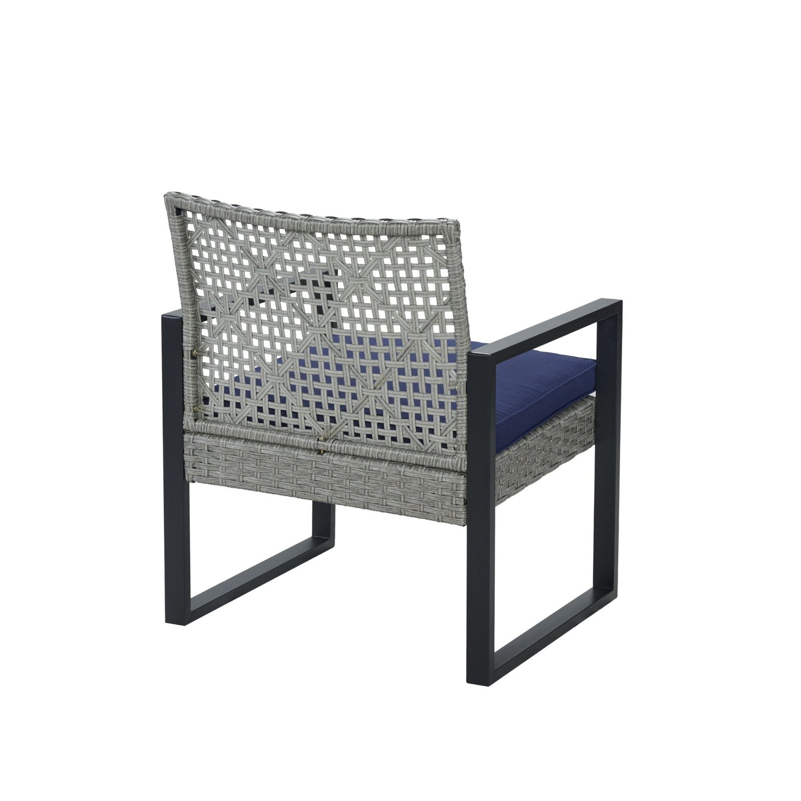 Rear 45-degree view of gray rattan single chair showing woven backrest and frame structure
