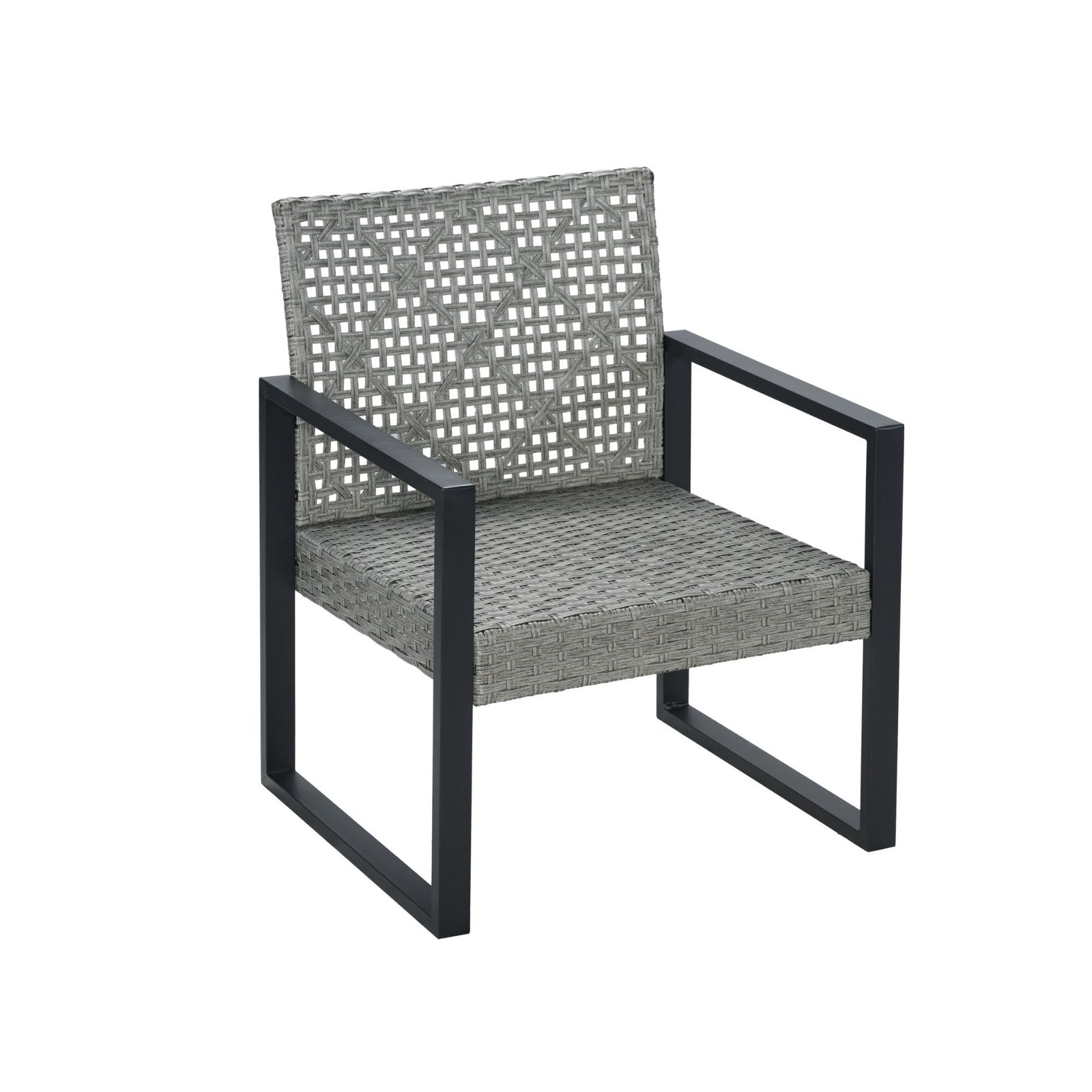 Front 45-degree view of gray rattan single chair without cushion showing woven detail