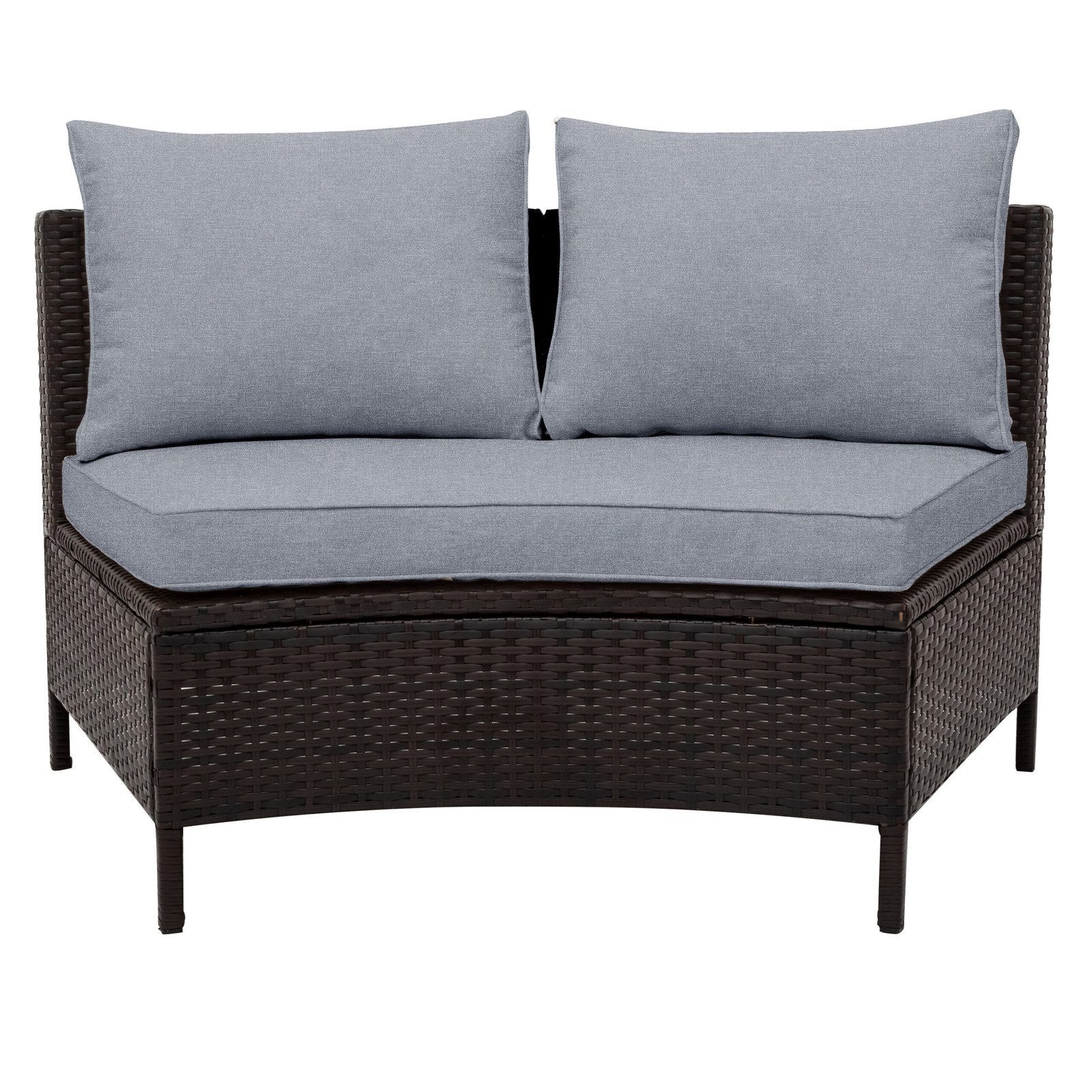 2-person brown rattan sofa with gray cushions from 5-piece half-moon sectional set