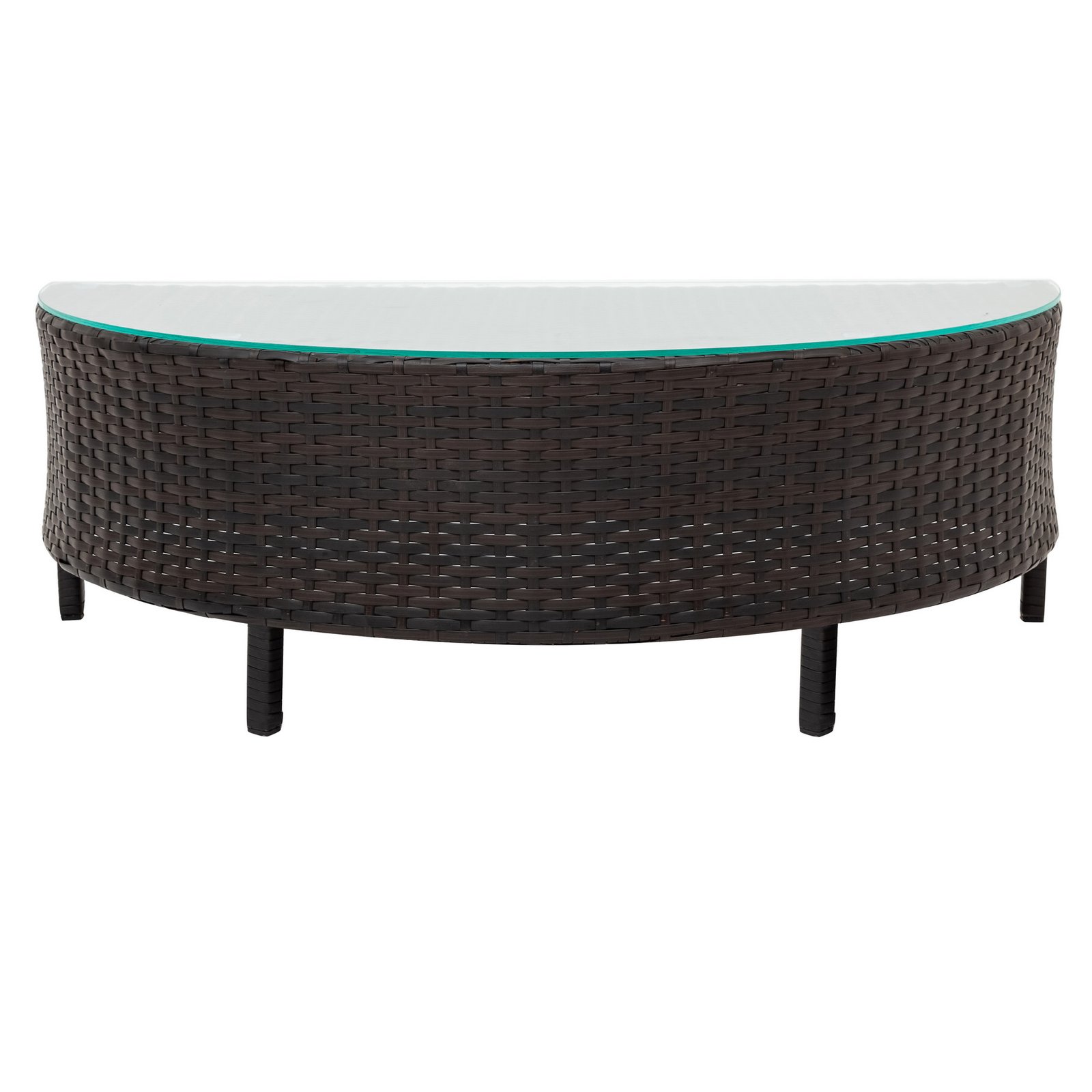 Curved side view of half-moon coffee table from 5-piece brown rattan sectional set with tempered glass top