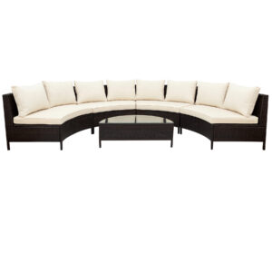 5-piece brown rattan half-moon sectional set with beige cushions and tempered glass table seats 8