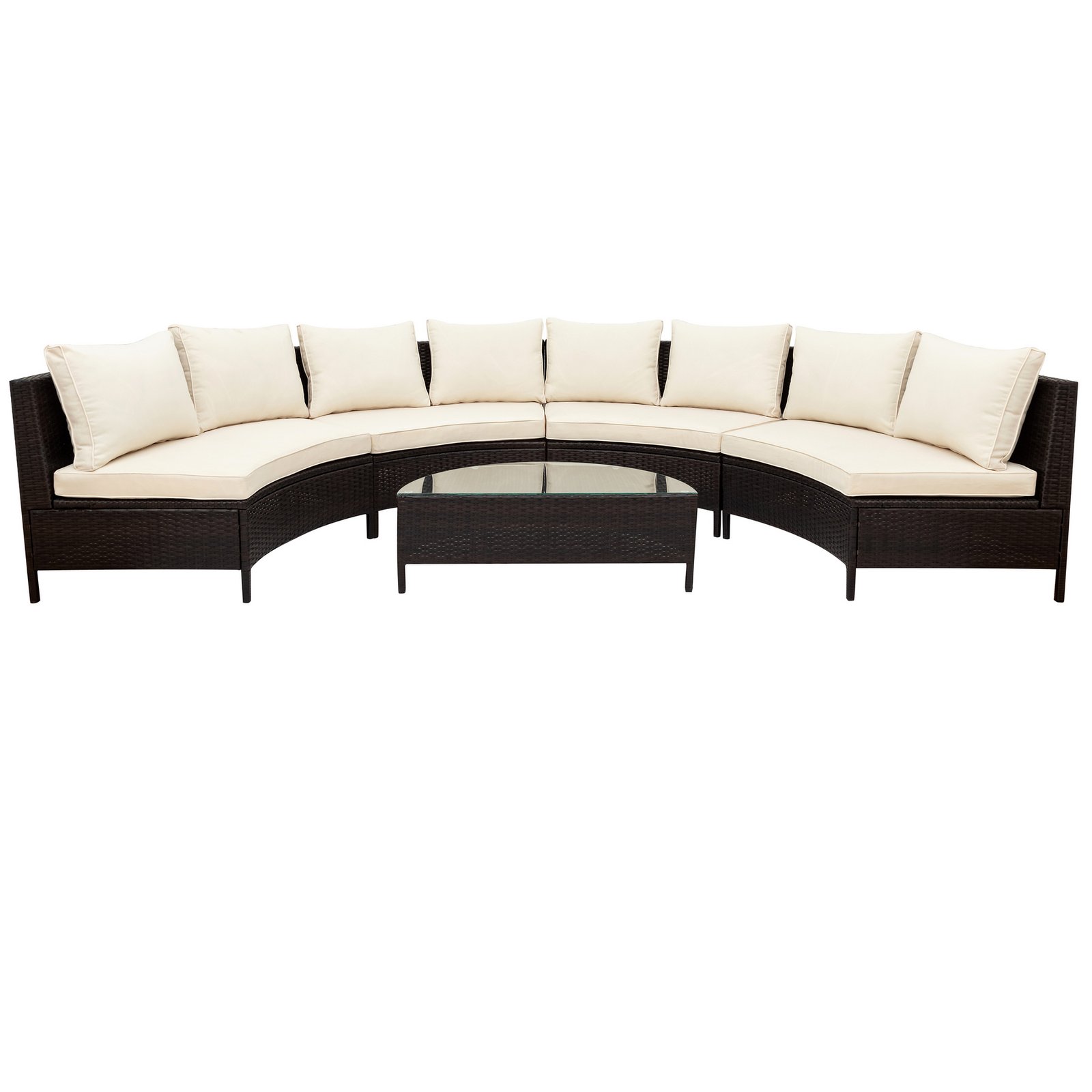5-piece brown rattan half-moon sectional set with beige cushions and tempered glass table seats 8