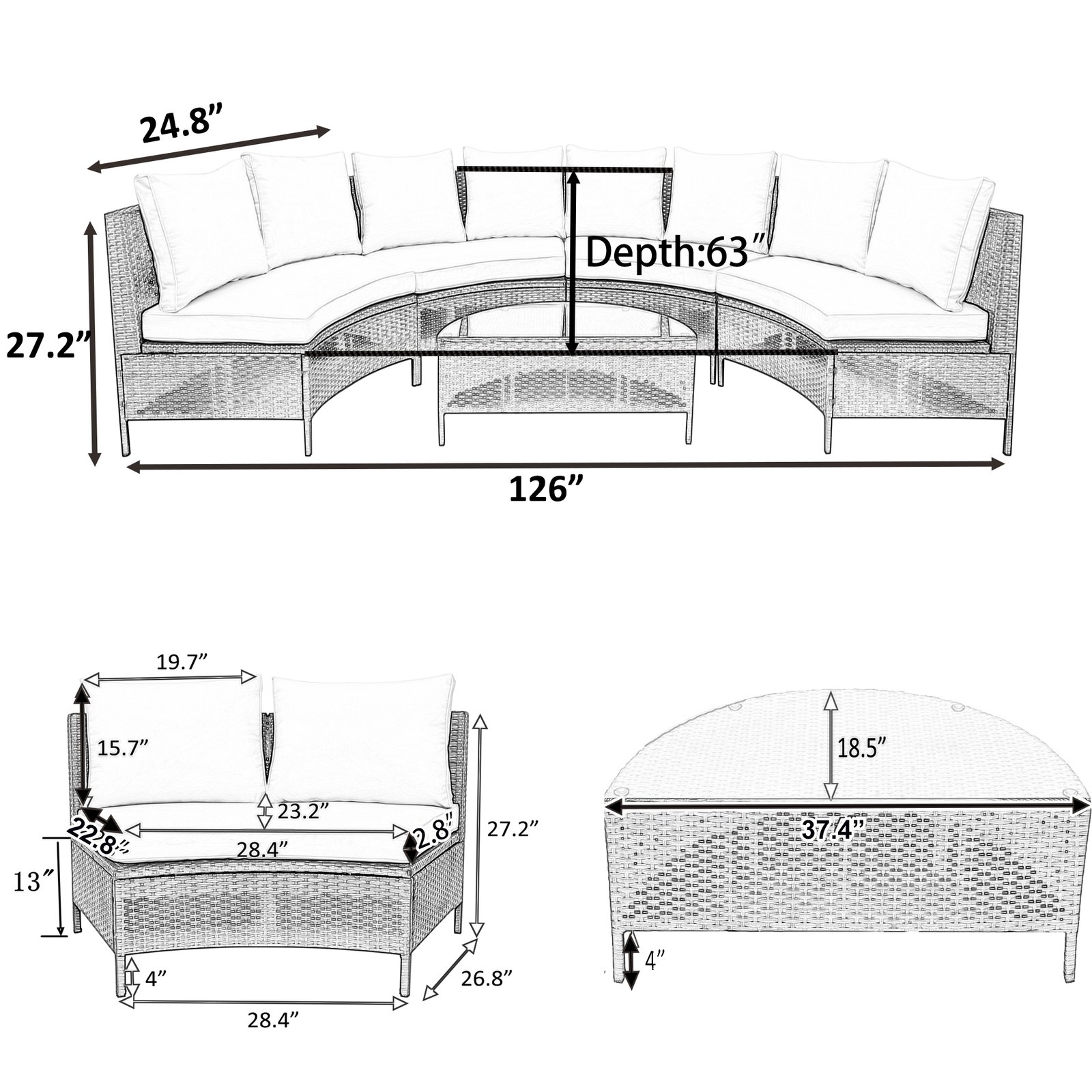 Dimensions of 5-piece brown rattan half-moon sectional set including sofa size, table size, and cushion thickness