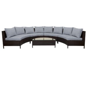 5-piece brown rattan half-moon sectional set with gray cushions and tempered glass table seats 8