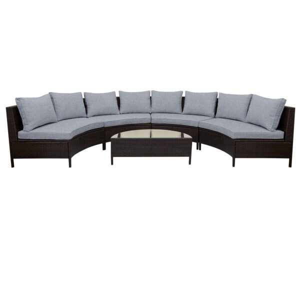 5-piece brown rattan half-moon sectional set with gray cushions and tempered glass table seats 8