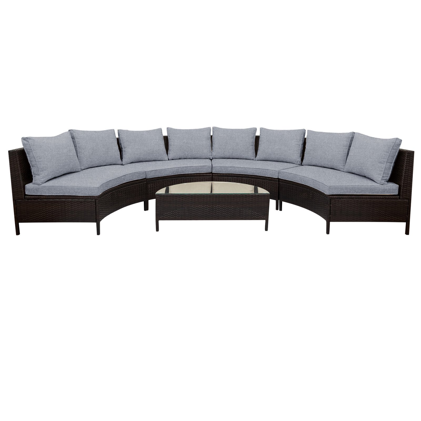 5-piece brown rattan half-moon sectional set with gray cushions and tempered glass table seats 8