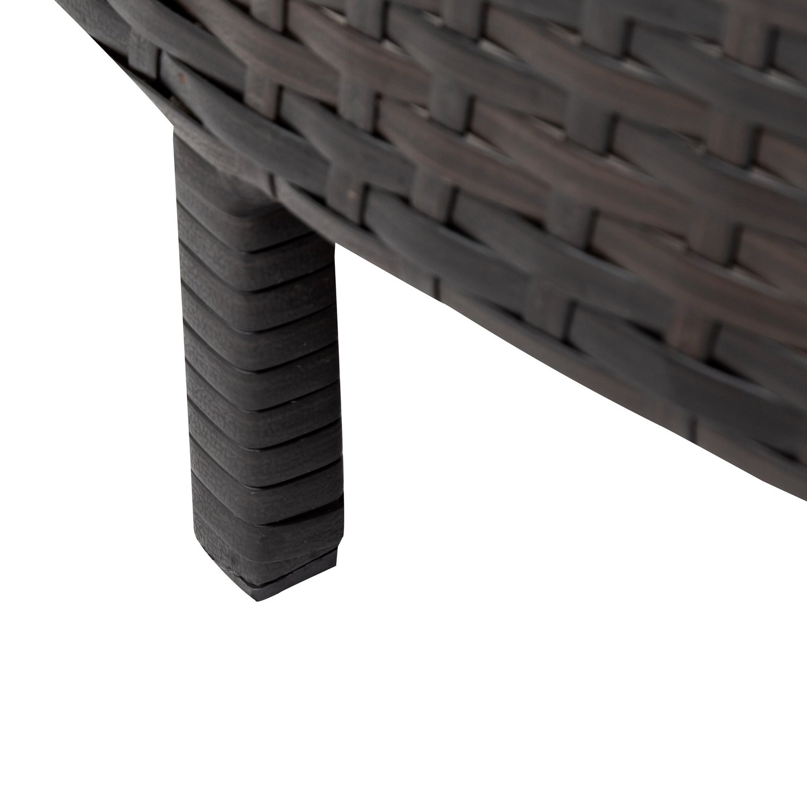 Close-up of sofa and coffee table legs from 5-piece brown rattan half-moon sectional set