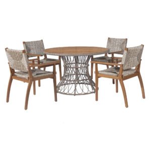 5-piece round acacia wood patio dining set with 4 brown wicker armchairs seats 4