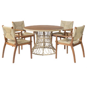 5-piece round acacia wood patio dining set with 4 teak wicker armchairs seats 4