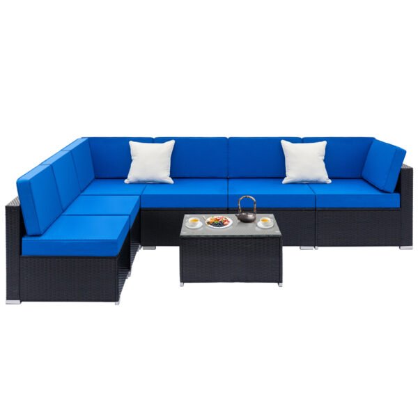 7-piece black wicker patio sofa set with blue cushions and tempered glass coffee table for 6 people