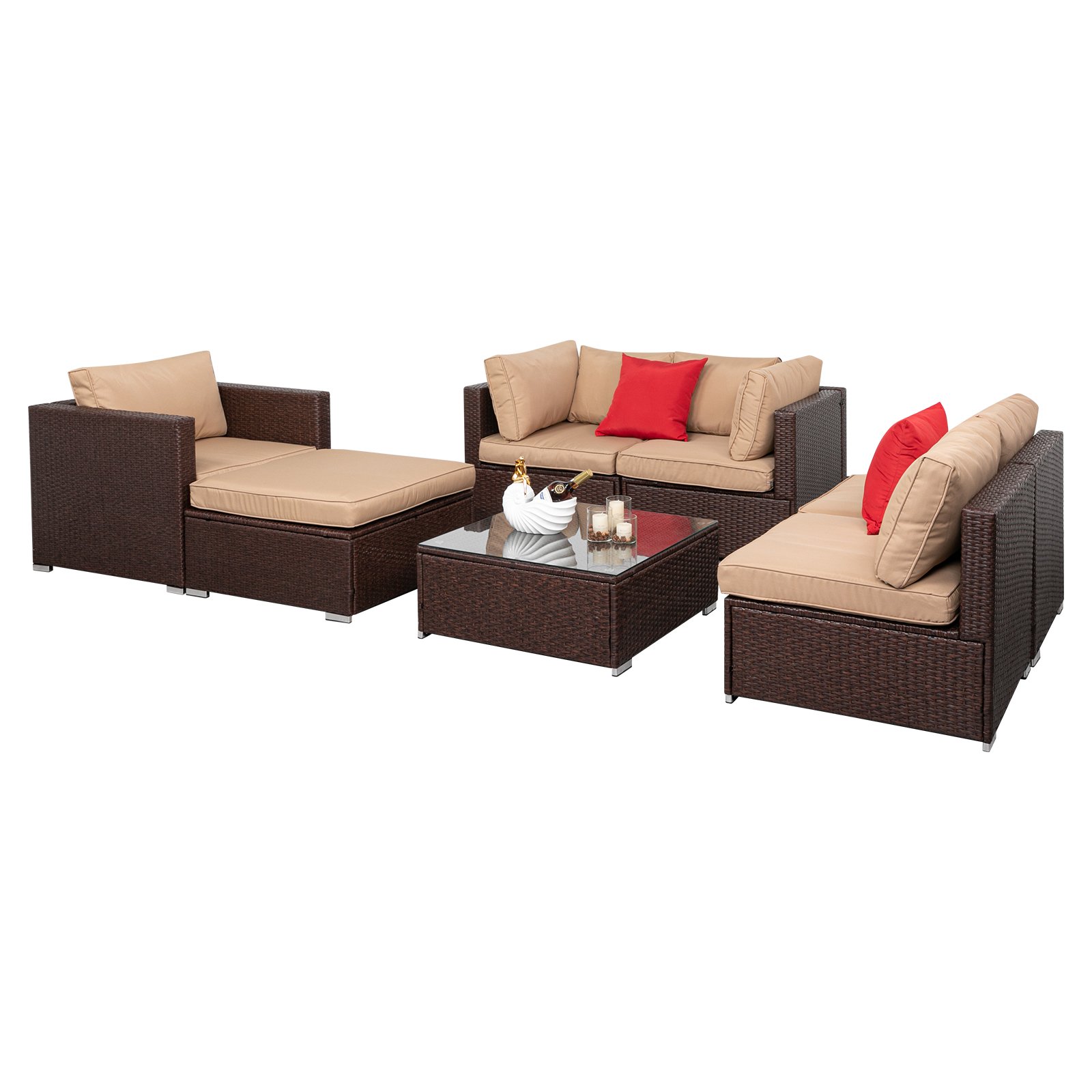 7-piece wicker patio sectional arranged as two loveseats and a chaise lounge configuration