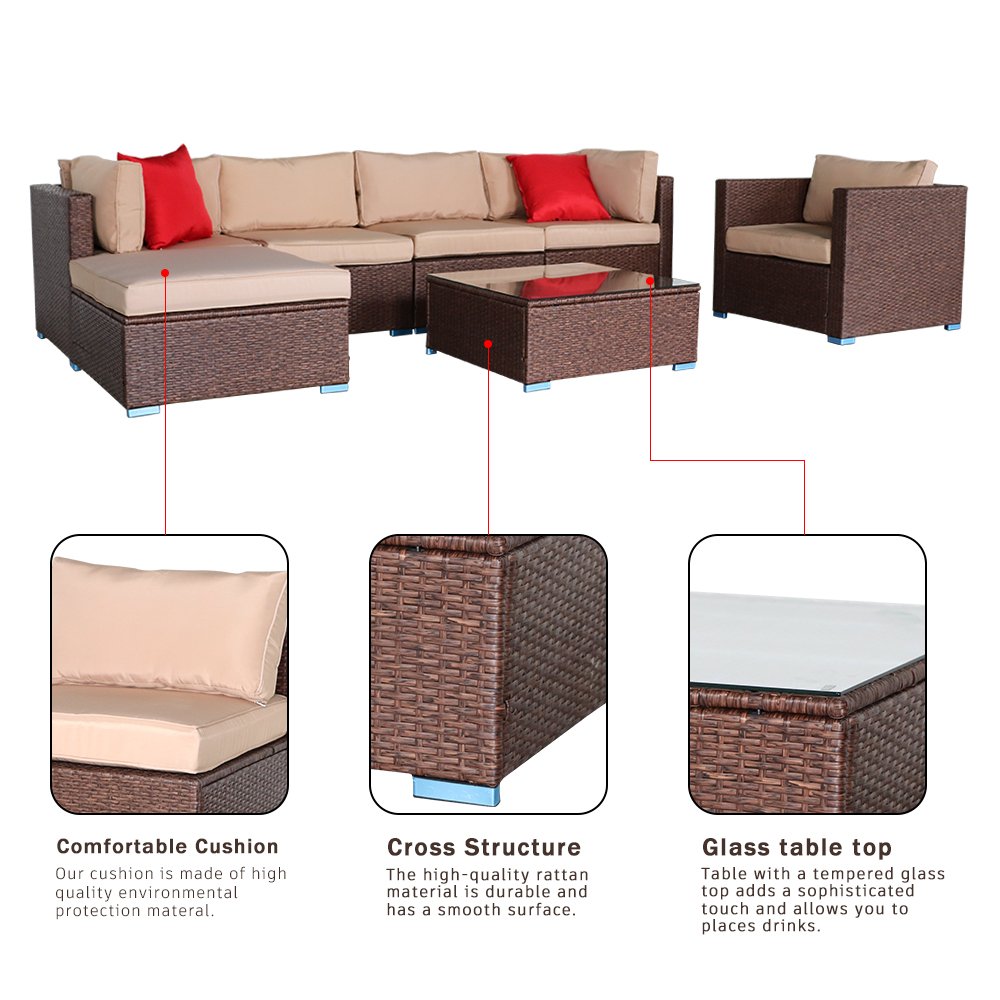 7-piece wicker sectional with comfortable cushions, cross structure support, and tempered glass tabletop for added elegance