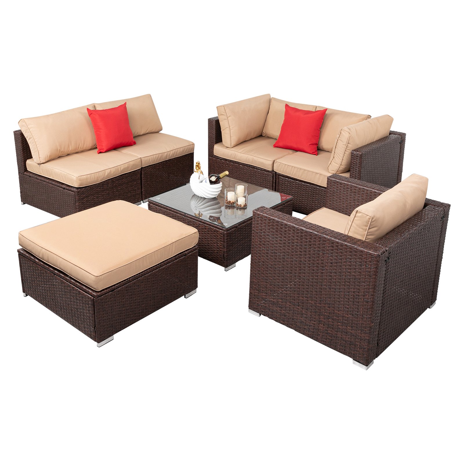 7-piece wicker patio sectional arranged as two loveseats and two single chairs around a coffee table