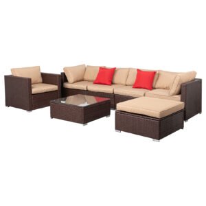 7-piece wood grain wicker patio sectional sofa set with khaki cushions and glass top table