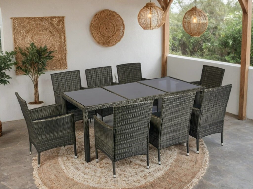 8-seat rattan dining set arranged on a covered semi-open patio with clear walkways and potted greenery