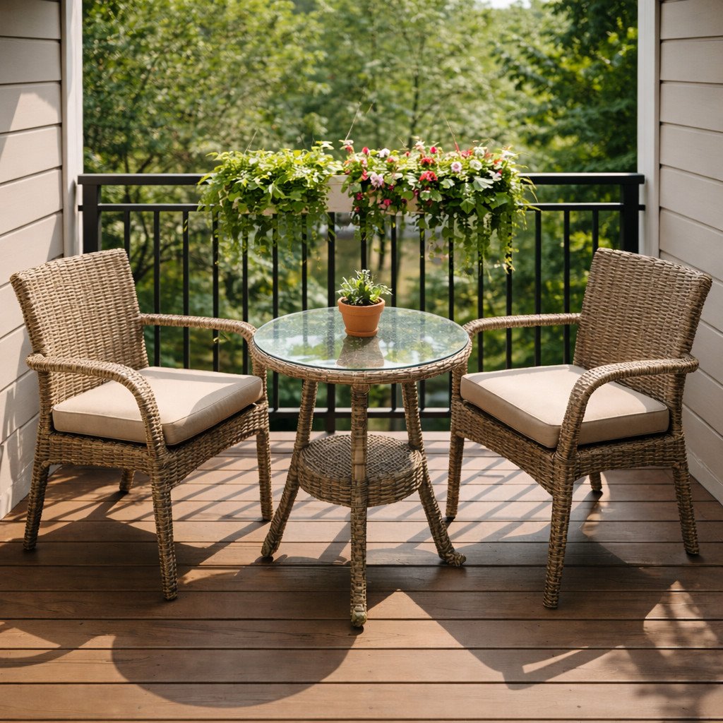 An 8x8 ft sunny balcony with a small round glass-top table, two comfortable rattan chairs, hanging plants with flowers on the railing, and a small potted plant on the table.